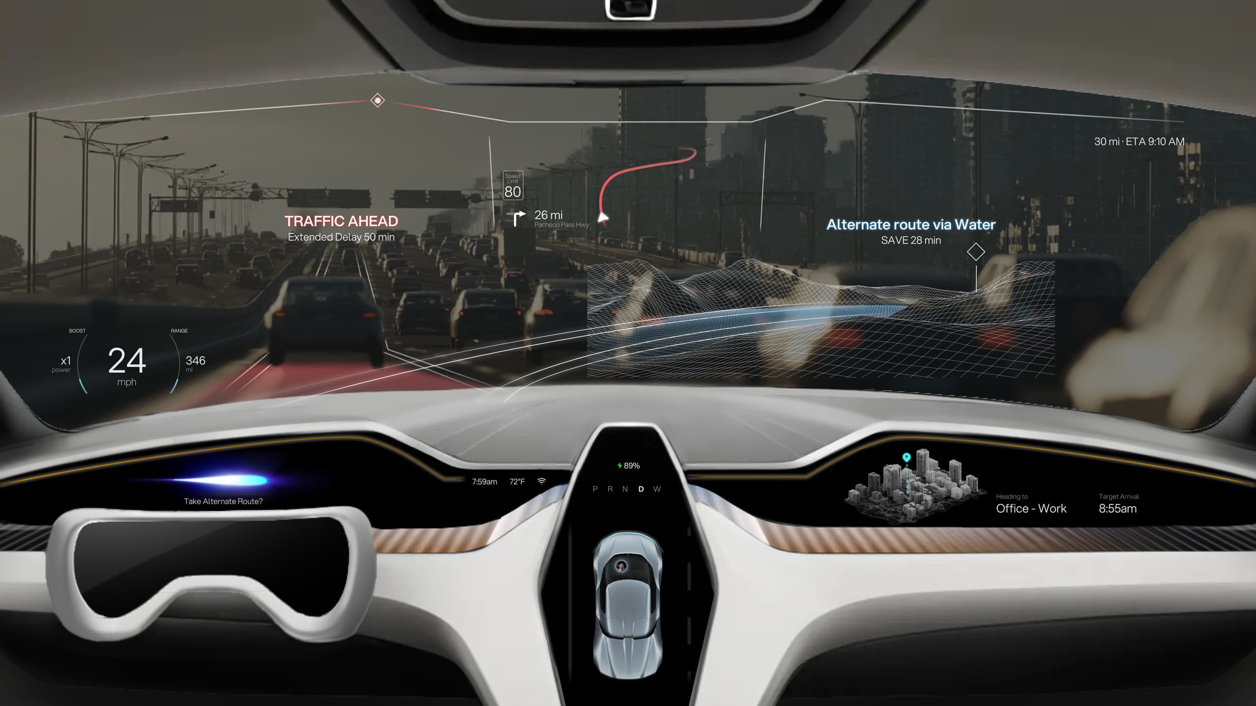 AEON cockpit in road mode, with traffic alerts and an alternate water route on the HUD