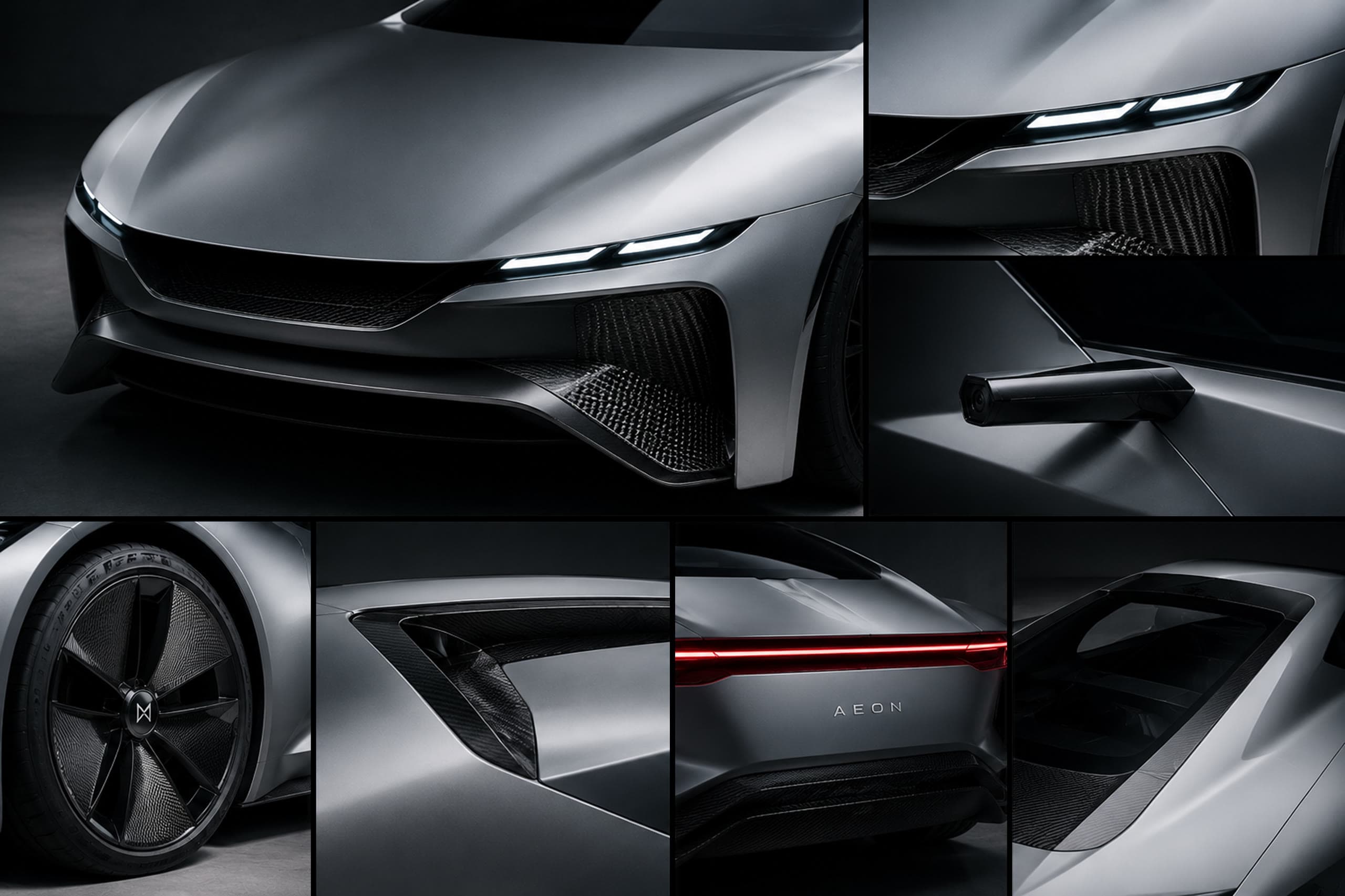 AEON exterior detail collage — front, lights, cameras, wheels, and rear
