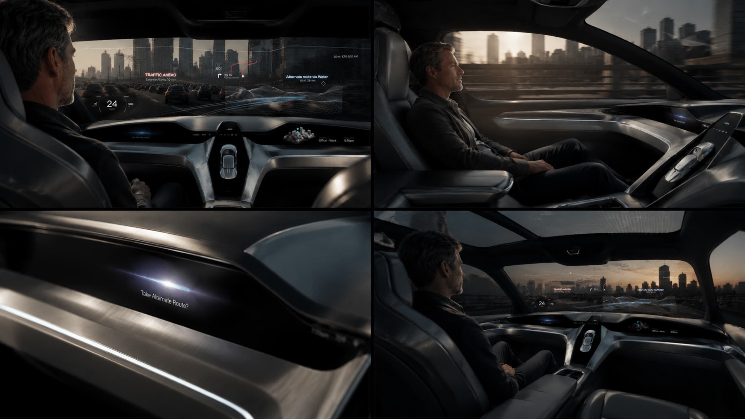 AEON road-mode cabin and HUD collage