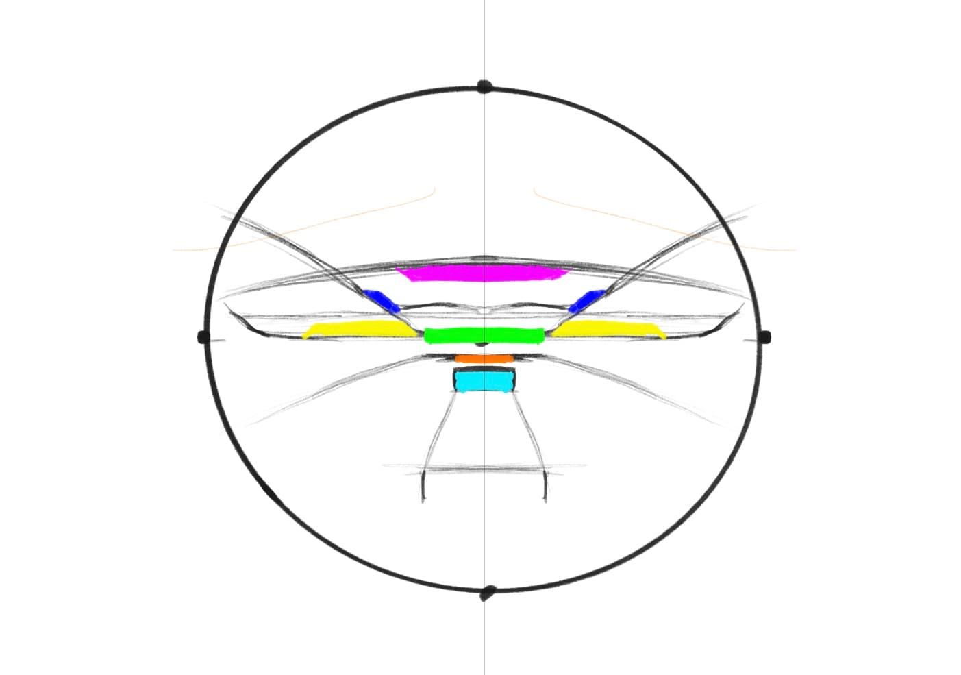 Hand-drawn cockpit sketch with six color-coded information zones