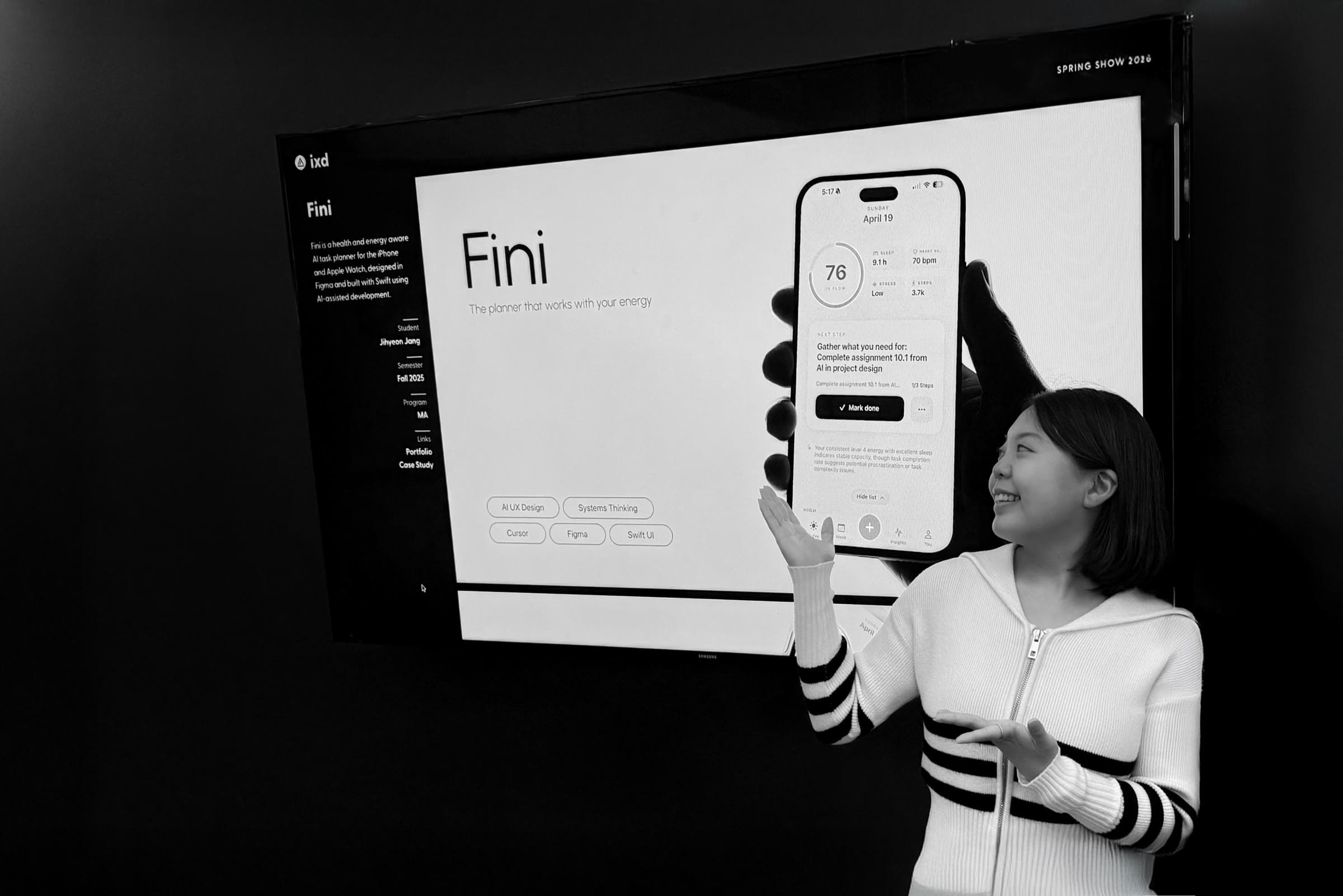 Jihyeon presenting Fini on a large display at the Academy of Art University Spring Show