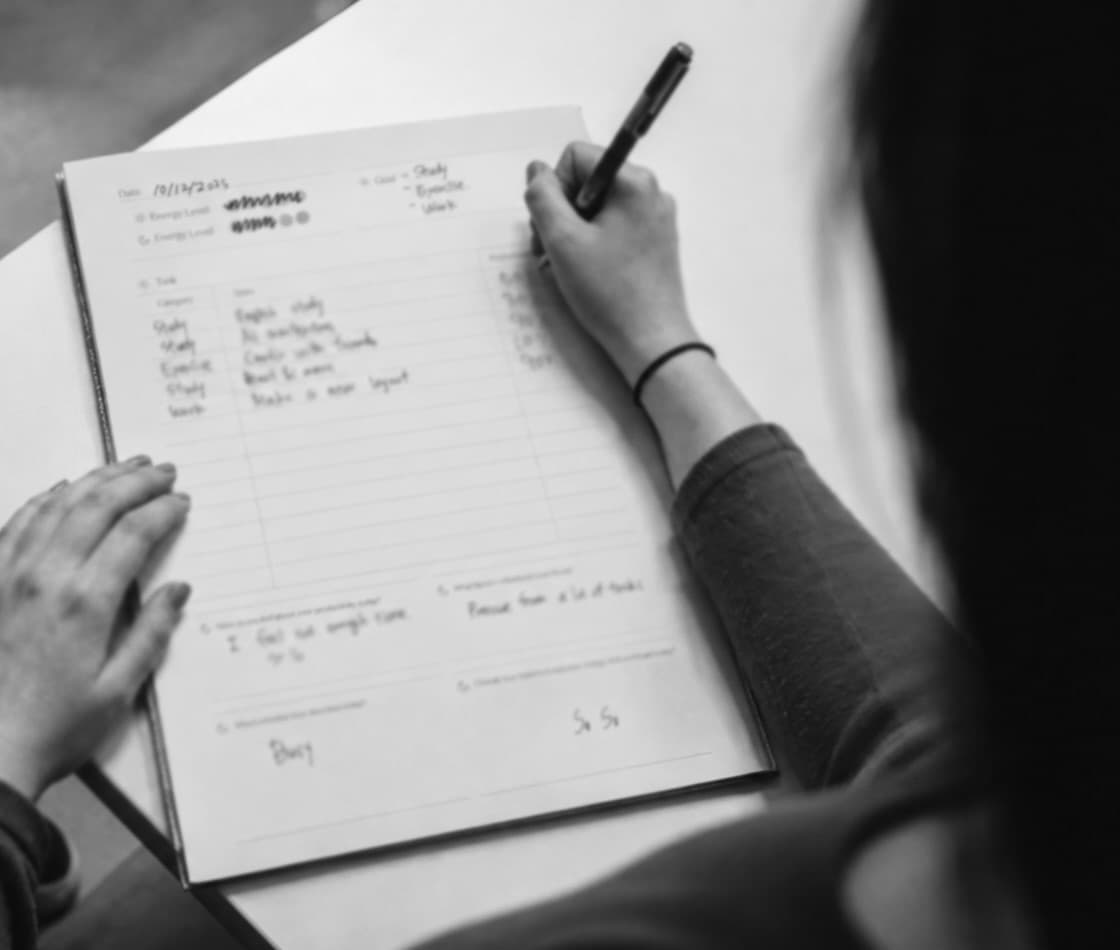 Diary study template used to log tasks, energy, and daily reflections