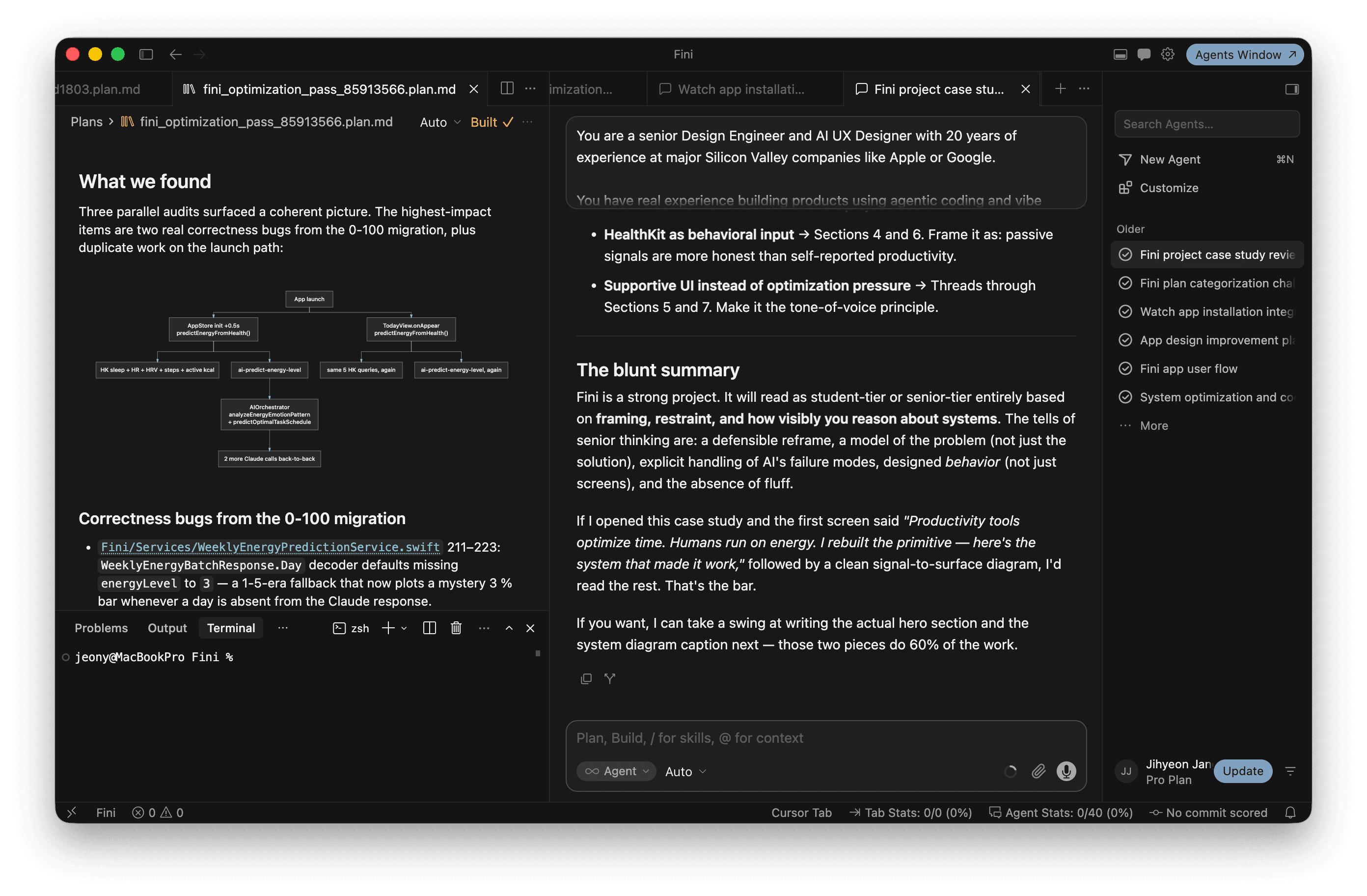 Cursor workspace showing an implementation plan, audit findings, and a review conversation about Fini's energy prediction logic