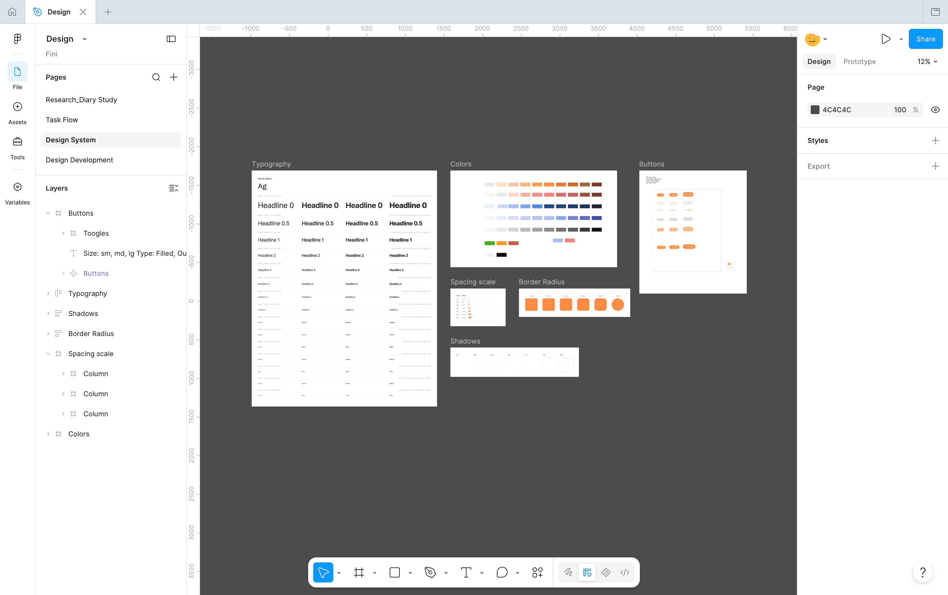 Figma design system page with Fini's typography scale, color ramps, buttons, spacing, radius, and shadow tokens