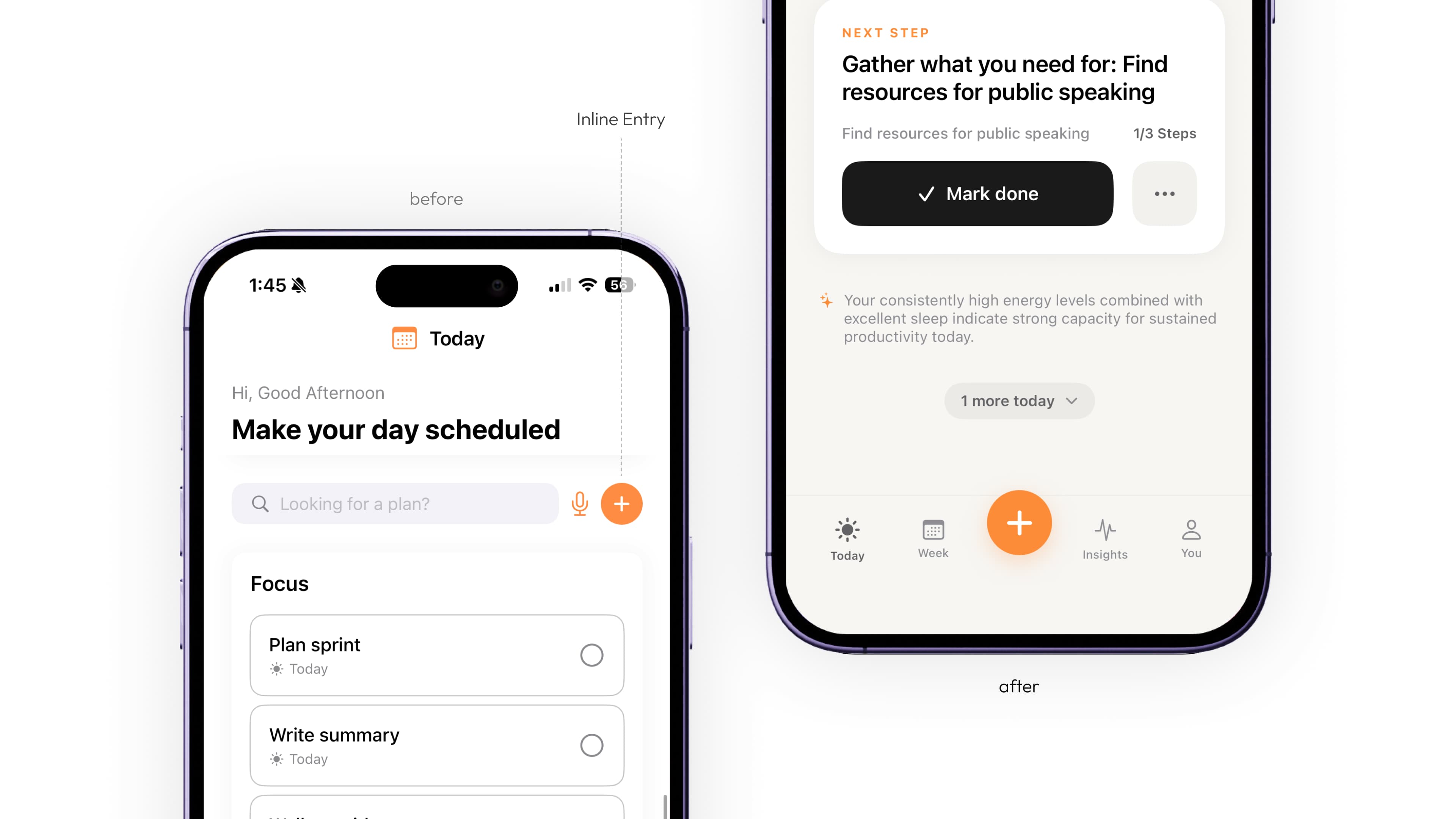 Before and after task entry: an inline add control beside search becomes a prominent orange action in the bottom navigation